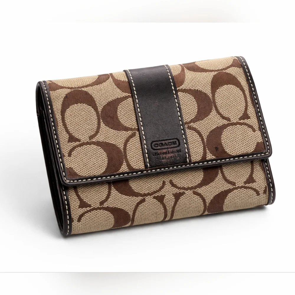 Vintage Coach Signature Canvas Leather Trim Trifold Brown Monogram Wallet - Picture 1 of 12